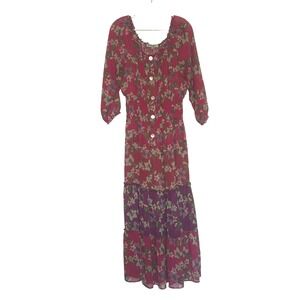 Figueroa & Flower Floral Smocked Tiered Maxi Dress Pink Purple XL boho garden